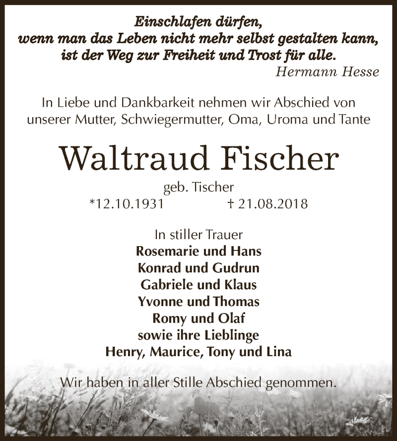  Traueranzeige für Waltraud Fischer vom 25.08.2018 aus Super Sonntag Zeitz
