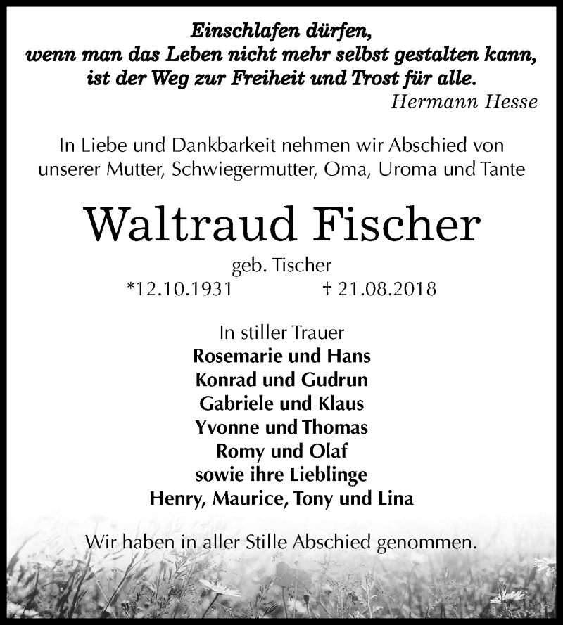  Traueranzeige für Waltraud Fischer vom 25.08.2018 aus Mitteldeutsche Zeitung Zeitz