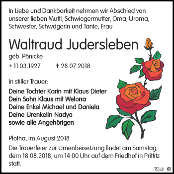 Traueranzeige von Waltraud Judersleben von Mitteldeutsche Zeitung Weißenfels