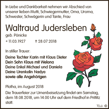 Traueranzeige von Waltraud Judersleben von WVG - Wochenspiegel NMB / WSF / ZTZ