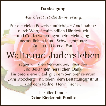 Traueranzeige von Waltraud Judersleben von WVG - Wochenspiegel NMB / WSF / ZTZ