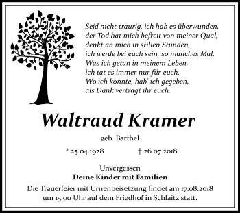 Traueranzeige von Waltraud Kramer von Mitteldeutsche Zeitung Bitterfeld