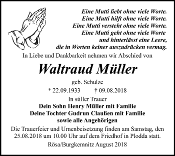Traueranzeige von Waltraud Müller von Mitteldeutsche Zeitung Bitterfeld