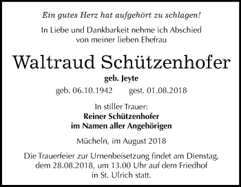 Traueranzeige von Waltraud Schützenhofer von Mitteldeutsche Zeitung Merseburg/Querfurt