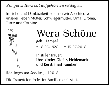Traueranzeige von Wera Schöne von Mitteldeutsche Zeitung