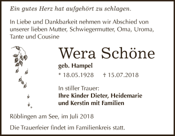 Traueranzeige von Wera Schöne von Super Sonntag SGH Mansf. Land