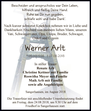 Traueranzeige von Werner Arlt von Super Sonntag SGH Mansf. Land