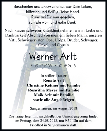 Traueranzeige von Werner Arlt von Mitteldeutsche Zeitung Sangerhausen