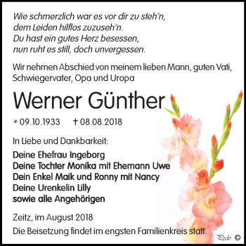 Traueranzeigen von Werner Günther www.abschiednehmen.de