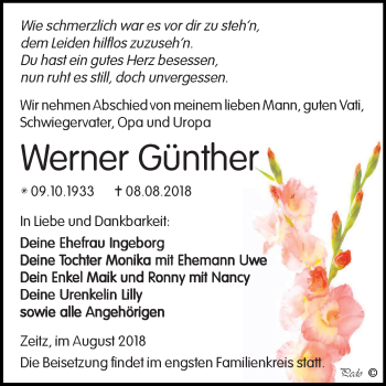 Traueranzeige von Werner Günther von Mitteldeutsche Zeitung Zeitz