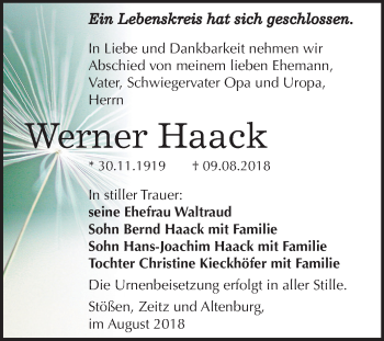 Traueranzeige von Werner Haack von Mitteldeutsche Zeitung Zeitz
