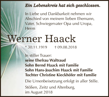 Traueranzeige von Werner Haack von Super Sonntag Zeitz