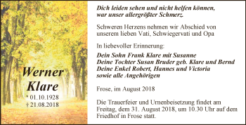 Traueranzeige von Werner Klare von Super Sonntag Aschersleben