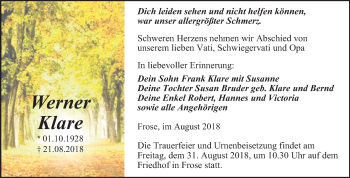 Traueranzeige von Werner Klare von Mitteldeutsche Zeitung Aschersleben
