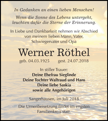 Traueranzeige von Werner Röthel von Mitteldeutsche Zeitung Sangerhausen