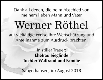 Traueranzeige von Werner Röthel von Mitteldeutsche Zeitung Sangerhausen