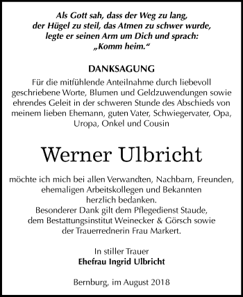 Traueranzeige von Werner Ulbricht von Mitteldeutsche Zeitung Bernburg