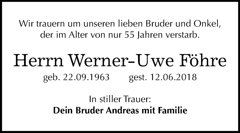  Traueranzeige für Werner-Uwe Föhre vom 18.08.2018 aus Mitteldeutsche Zeitung Weißenfels