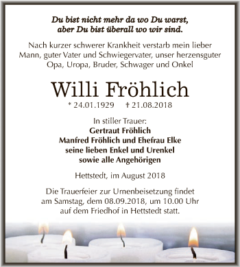 Traueranzeige von Willi Fröhlich von Wochenspiegel Mansfelder Land