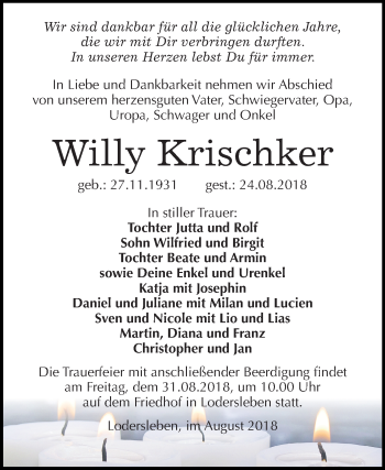 Traueranzeige von Willy Krischker von Mitteldeutsche Zeitung Merseburg/Querfurt