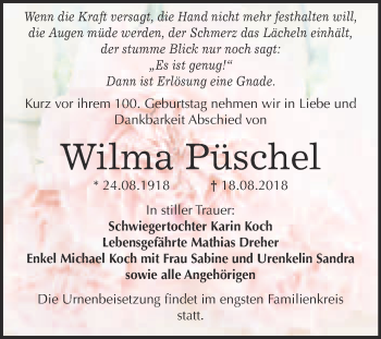 Traueranzeige von Wilma Püschel von WVG - Wochenspiegel Bitterfeld