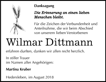Traueranzeige von Wilmar Dittmann von Mitteldeutsche Zeitung