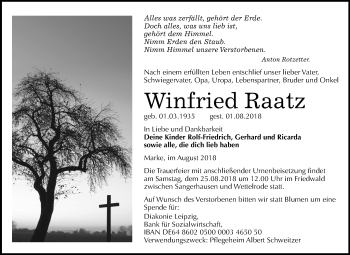 Traueranzeige von Winfried Raatz von Mitteldeutsche Zeitung Köthen