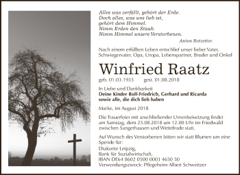 Traueranzeige von Winfried Raatz von WVG - Wochenspiegel Dessau / Köthen