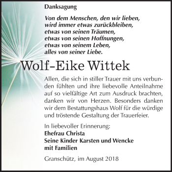 Traueranzeige von Wolf-Eike Wittek von Mitteldeutsche Zeitung Weißenfels
