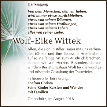 Traueranzeige von Wolf-Eike Wittek von WVG - Wochenspiegel NMB / WSF / ZTZ