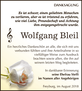 Traueranzeige von Wolfgang Bleil von WVG - Wochenspiegel NMB / WSF / ZTZ