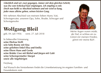 Traueranzeige von Wolfgang Bleil von WVG - Wochenspiegel NMB / WSF / ZTZ