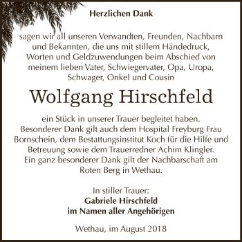 Traueranzeige von Wolfgang Hirschfeld von WVG - Wochenspiegel NMB / WSF / ZTZ