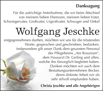 Traueranzeige von Wolfgang Jeschke von Mitteldeutsche Zeitung Sangerhausen