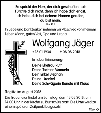 Traueranzeige von Wolfgang Jäger von Mitteldeutsche Zeitung Zeitz