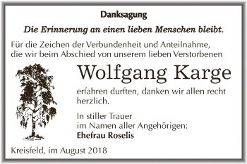 Traueranzeige von Wolfgang Karge von Wochenspiegel Mansfelder Land