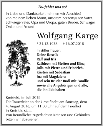 Traueranzeige von Wolfgang Karge von Mitteldeutsche Zeitung