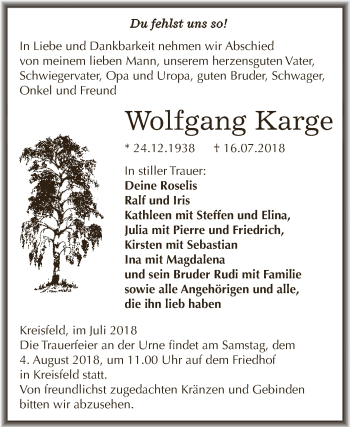 Traueranzeige von Wolfgang Karge von Wochenspiegel Mansfelder Land