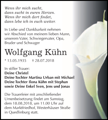 Traueranzeige von Wolfgang Kühn von WVG - Wochenspiegel Quedlinburg
