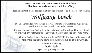 Traueranzeige von Wolfgang Lösch von Mitteldeutsche Zeitung Quedlinburg