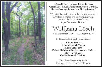 Traueranzeige von Wolfgang Lösch von WVG - Wochenspiegel Quedlinburg