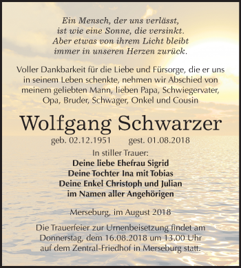 Traueranzeige von Wolfgang Schwarzer von Mitteldeutsche Zeitung Merseburg/Querfurt