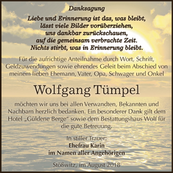 Traueranzeige von Wolfgang Tümpel von WVG - Wochenspiegel NMB / WSF / ZTZ