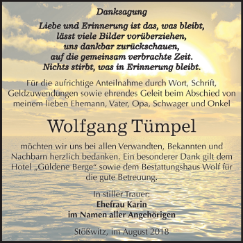 Traueranzeige von Wolfgang Tümpel von Mitteldeutsche Zeitung Weißenfels
