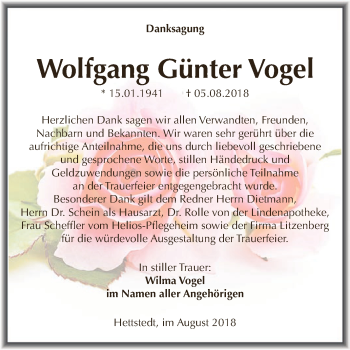 Traueranzeige von Wolfgang Günter Vogel von Super Sonntag SGH Mansf. Land