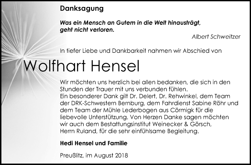  Traueranzeige für Wolfhart Hensel vom 25.08.2018 aus Mitteldeutsche Zeitung Bernburg