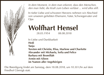 Traueranzeige von Wolfhart Hensel von Super Sonntag Bernburg