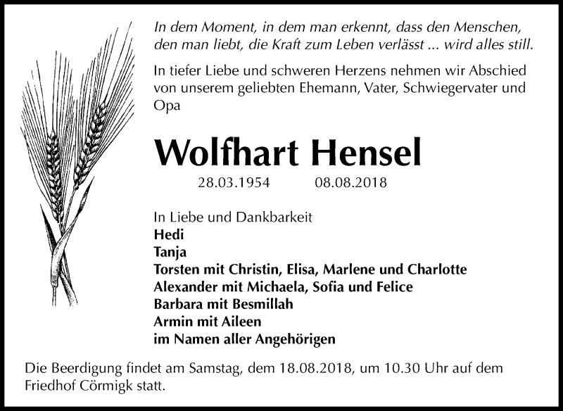  Traueranzeige für Wolfhart Hensel vom 11.08.2018 aus Mitteldeutsche Zeitung Bernburg