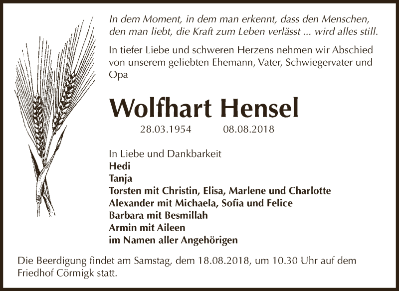  Traueranzeige für Wolfhart Hensel vom 15.08.2018 aus Super Sonntag Bernburg