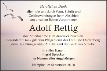 Traueranzeige von Adolf Rettig von Mitteldeutsche Zeitung Merseburg/Querfurt